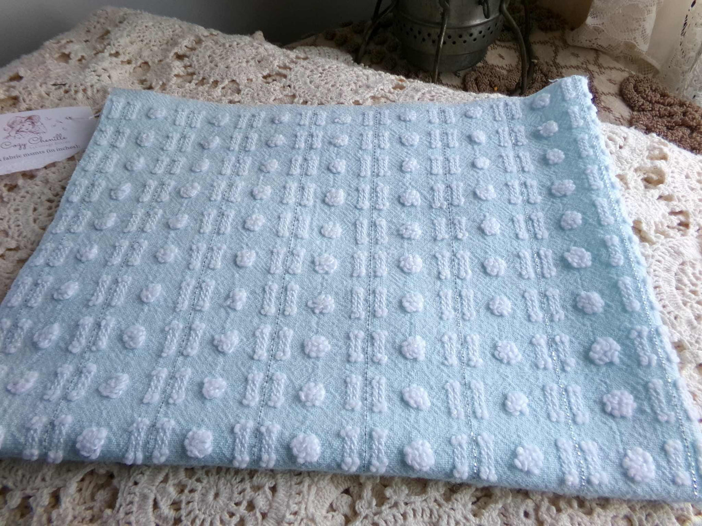 Aqua White Vintage Chenille Quilt Fabric, Petite Double Dash Dot, Silver Lurex, 19x22"