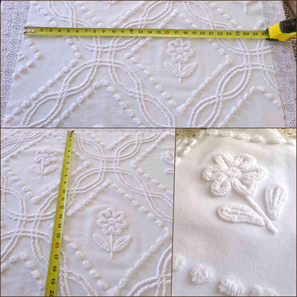 White Vintage Chenille Fabric, 24" x 26" Piece, Versatile Cottage Style Daisy Tulip Design, 100% Lightweight Cotton Quilt Material