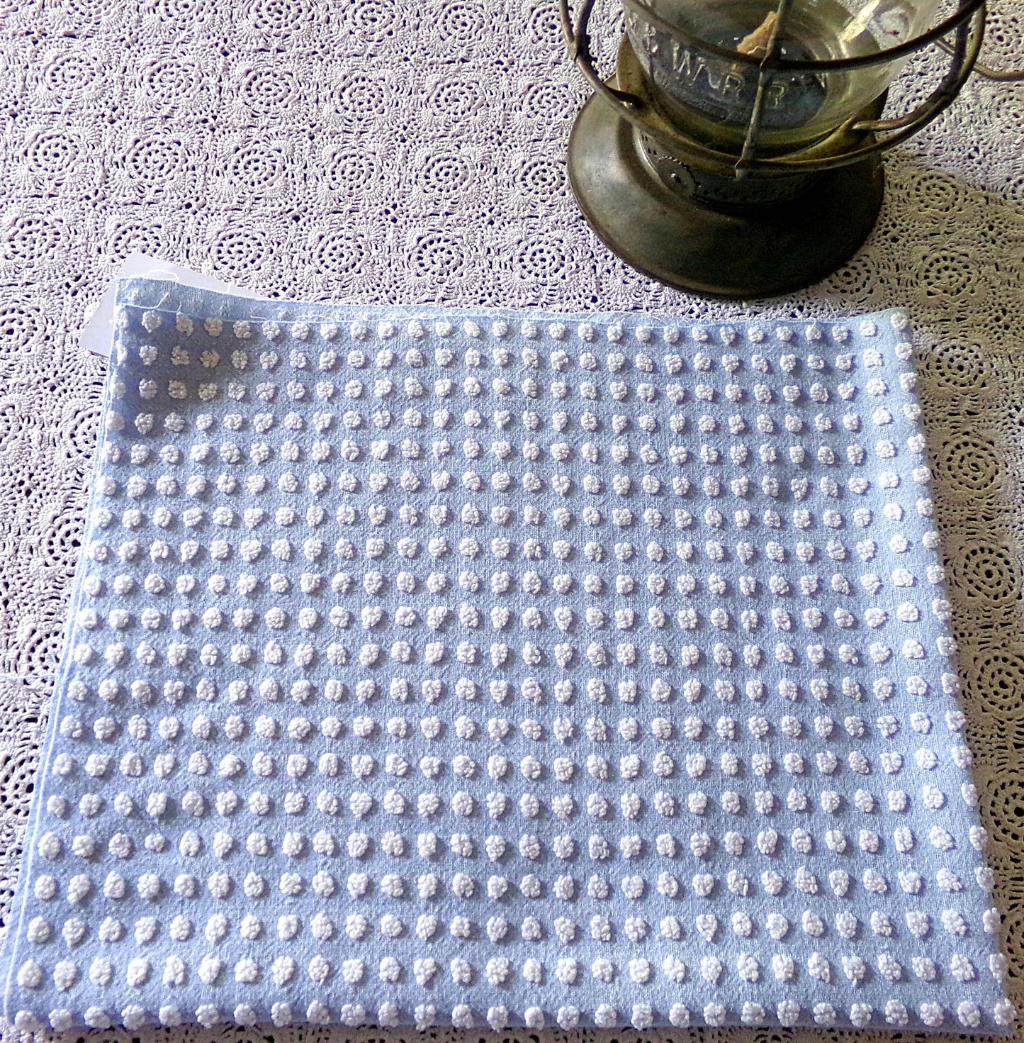 Bubble Dots Vintage Chenille Material, 24" x 18" inch Fabric Piece, Little White Pops on Sky Blue, Beachy Coastal Vibes