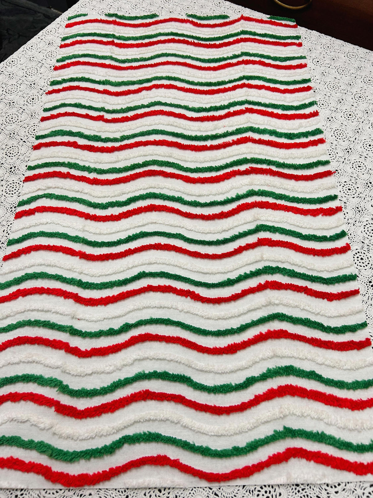 Vintage Christmas Chenille Fabric, Red, Green & White Ripple Stripe 16x27"