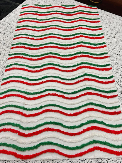 Vintage Christmas Chenille Fabric, Red, Green & White Ripple Stripe 16x27"