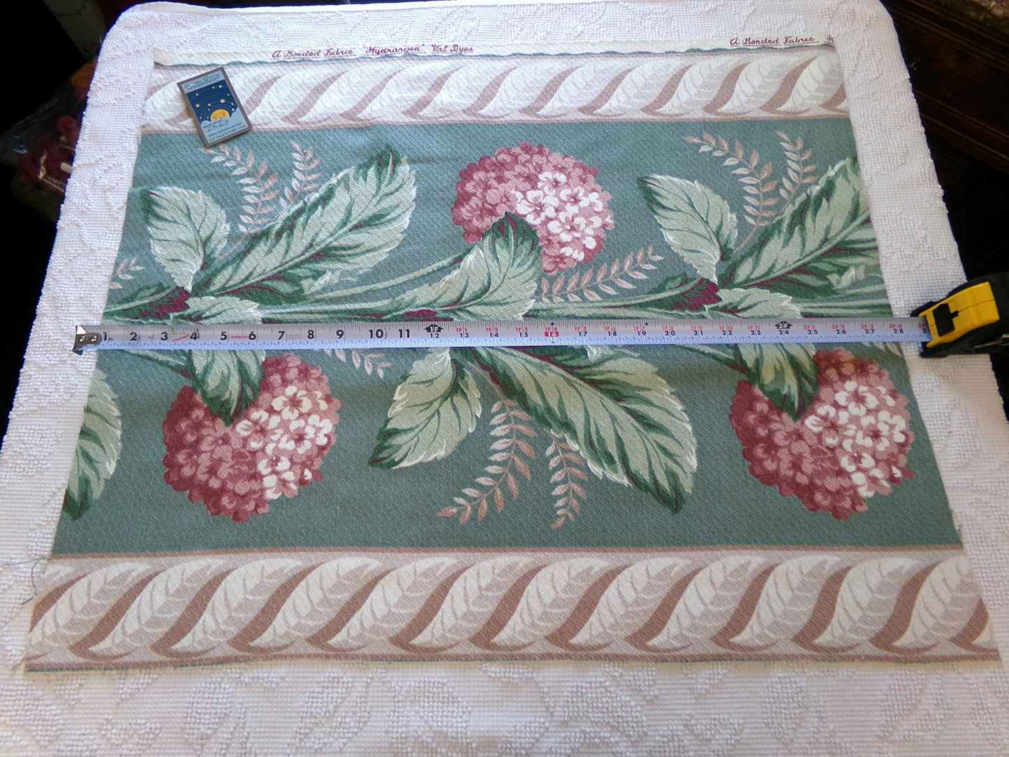 Vintage Style Hydrangea Barkcloth Fabric Piece, 27" x 23" inches, Pink Floral on Green, Great for Shabby Chic Pillows