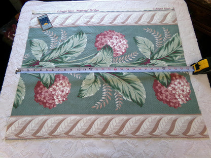 Vintage Style Hydrangea Barkcloth Fabric Piece, 27" x 23" inches, Pink Floral on Green, Great for Shabby Chic Pillows