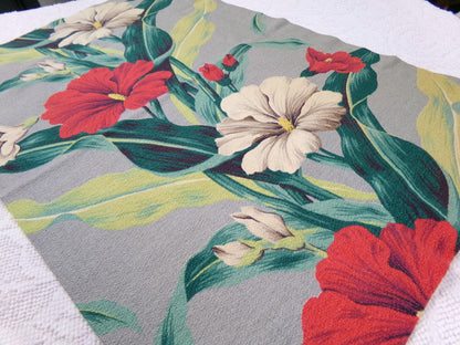 Hawaiian Barkcloth Vintage Fabric, Gray Tropical Red Hibiscus Floral Mid-Century 27" x 18"