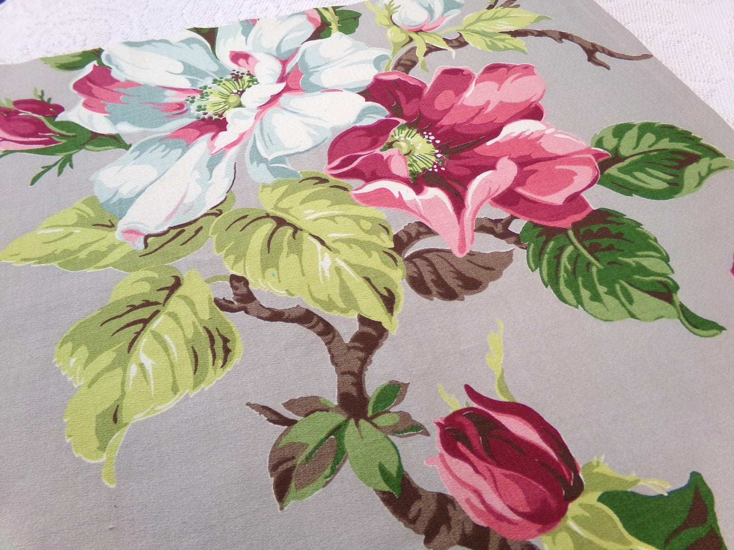 Vintage Barkcloth Fabric 1940s Pink Aqua Magnolia Floral Gray Mid-Century, 22" x 34"