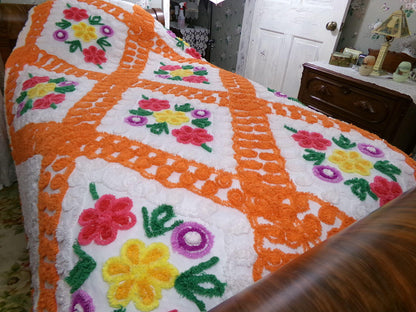 diamond citrus vintage chenille bedspread, plush large floral design in colorful orange & white, full size cotton bedding
