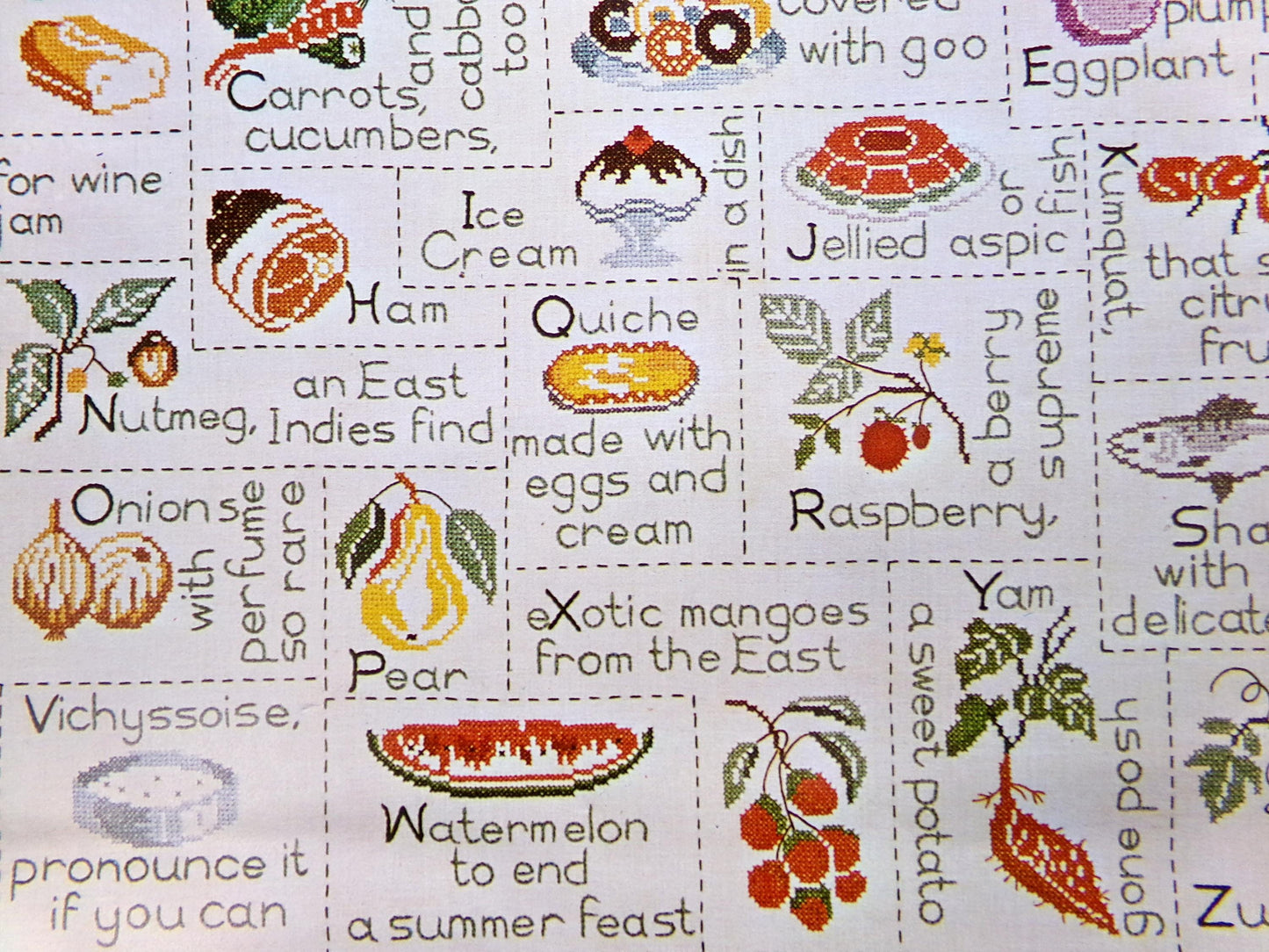 Fun Foodie GOURMET ALPHABET SAMPLER Embroidery Vintage Paragon 0653 Kitschy Kitchen Stitchery Kit