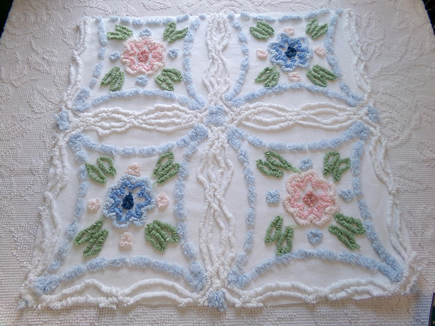 Cottage Vintage Chenille Fabric, 20" x 21" Piece Floral White Sewing Quilt Material