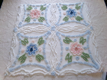 Cottage Vintage Chenille Fabric, 20" x 21" Piece Floral White Sewing Quilt Material