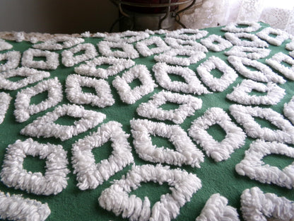 white snowflakes on rich green vintage chenille fabric, 18" x 25" inch piece of cotton sewing material for quilting & crafts