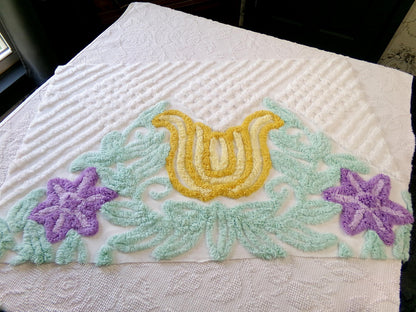 giant tulip vintage chenille fabric w/ purple star flowers on white cotton, 19" x 29" piece of sewing material
