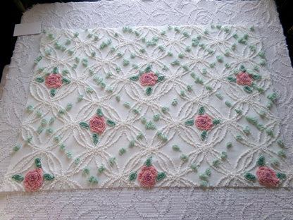 Pink Rose Garden Vintage Chenille Fabric, 18" x 25" Piece, Lovely Pink Florals in White Wedding Rings with Green Pops, 100% cotton material