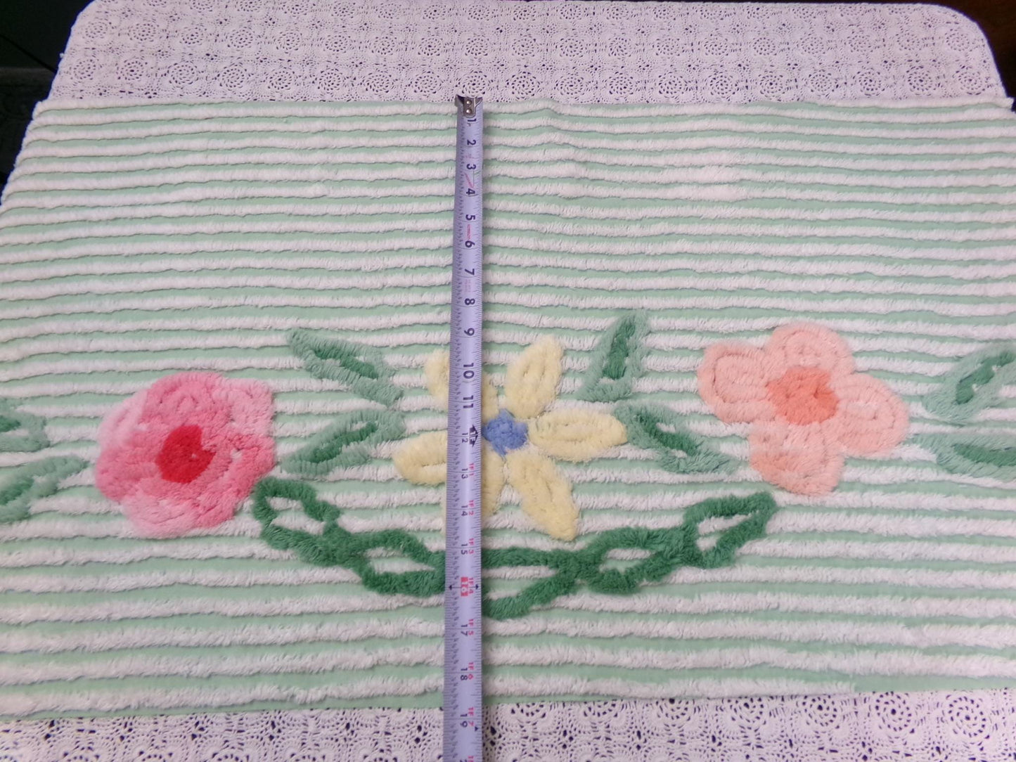 Mint Green Floral Vintage Chenille Bedspread Fabric Piece 18x33"