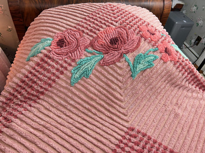 Vintage Chenille Bedspread Twin Dusty Pink Aqua Floral Bouquet Cottage Shabby