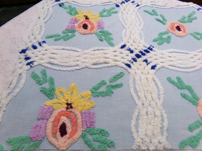 Vintage Blue Floral Chenille Bedspread Fabric, coastal chic sewing material, 21" x 25"
