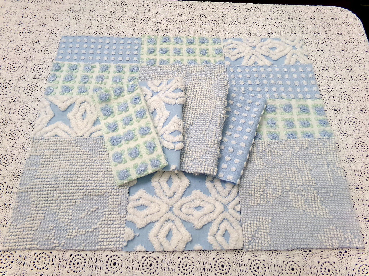 sea breeze vintage chenille fabric squares, set of 16 blue white quilt blocks 6" ea