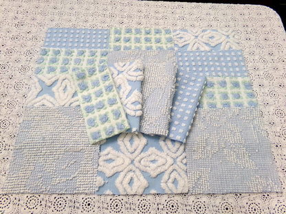 sea breeze vintage chenille fabric squares, set of 16 blue white quilt blocks 6" ea