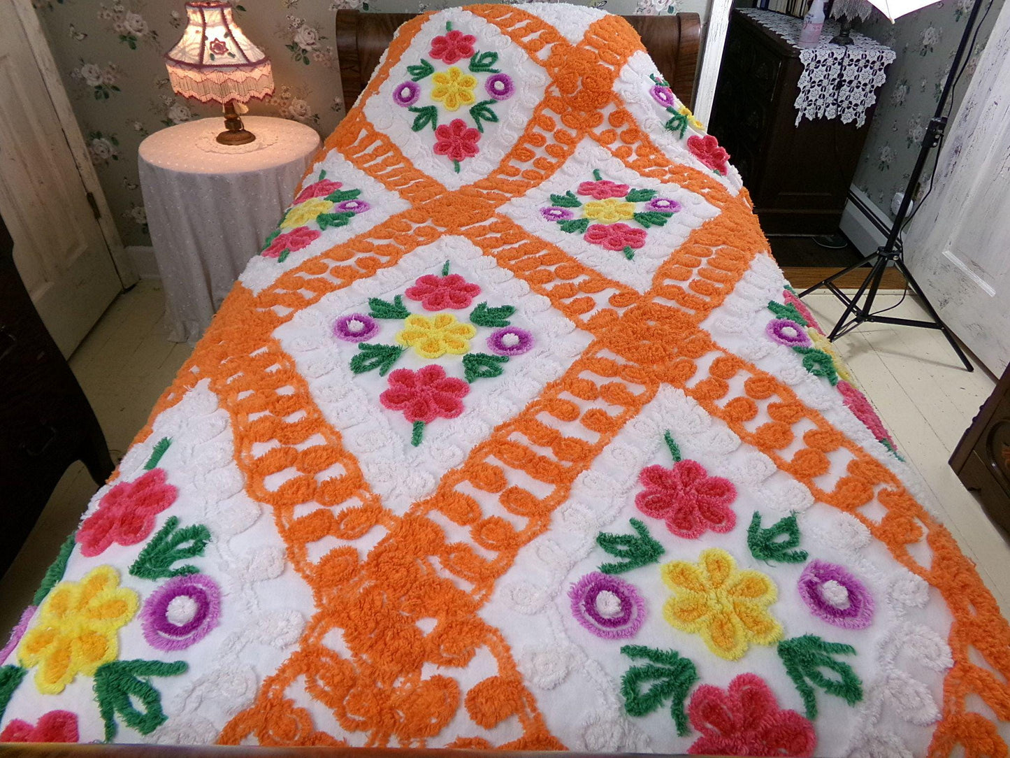 diamond citrus vintage chenille bedspread, plush large floral design in colorful orange & white, full size cotton bedding