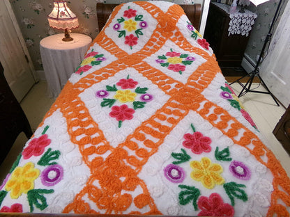 diamond citrus vintage chenille bedspread, plush large floral design in colorful orange & white, full size cotton bedding