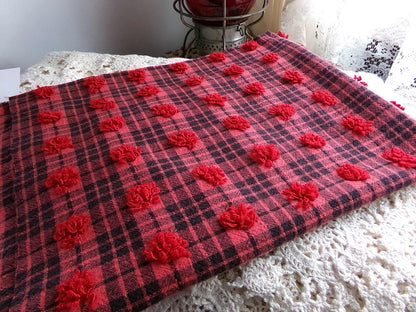 Midnight Black Tartan Plaid Vintage Chenille Bedspread Fabric, Tufted Deep Red Dots, 18" x 24" inch Piece, Lightweight Quilt Material