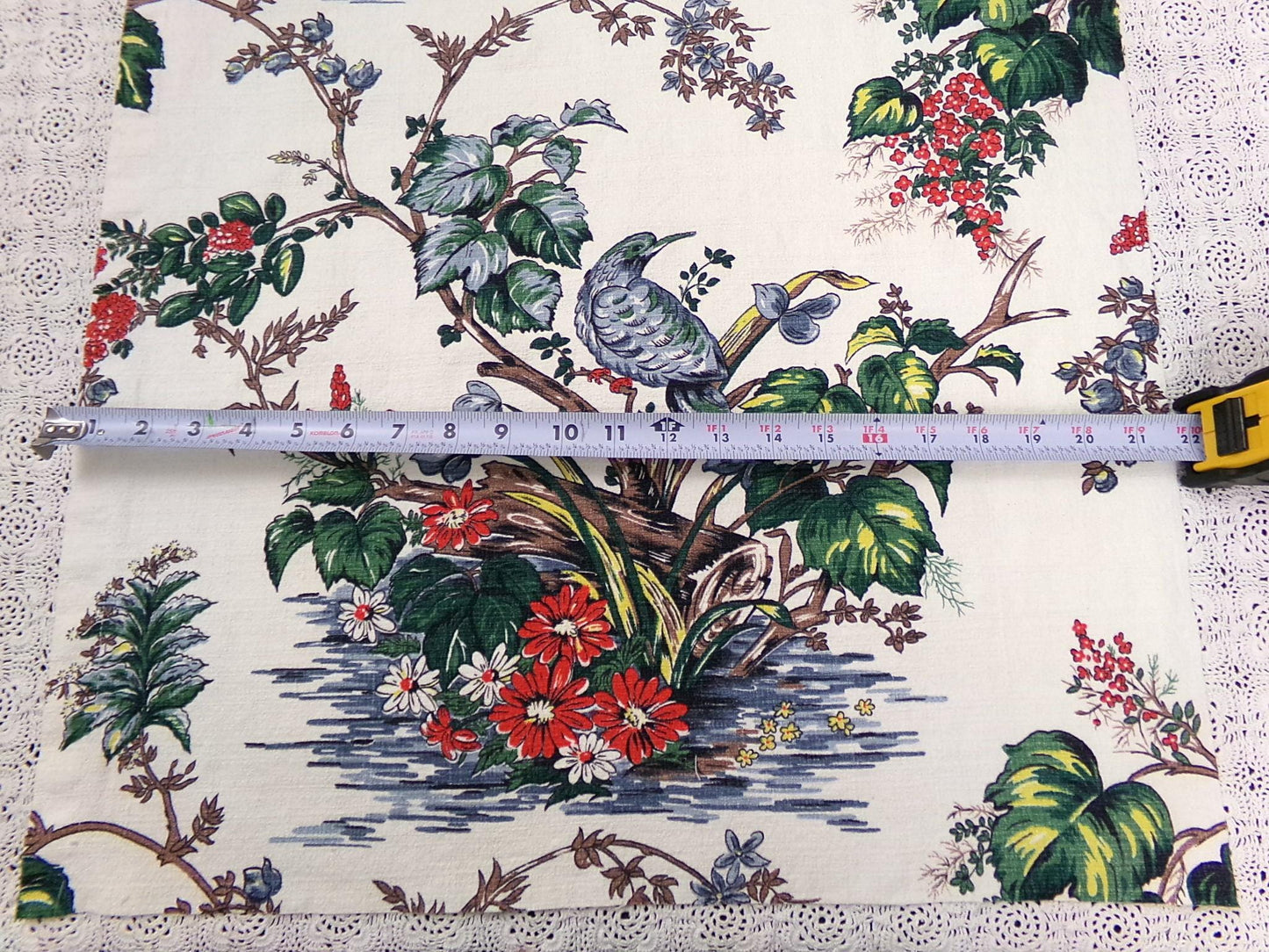 Vintage Barkcloth Fabric Panel Paloma Exotic Bird & Floral Botanical Print, 20x30"