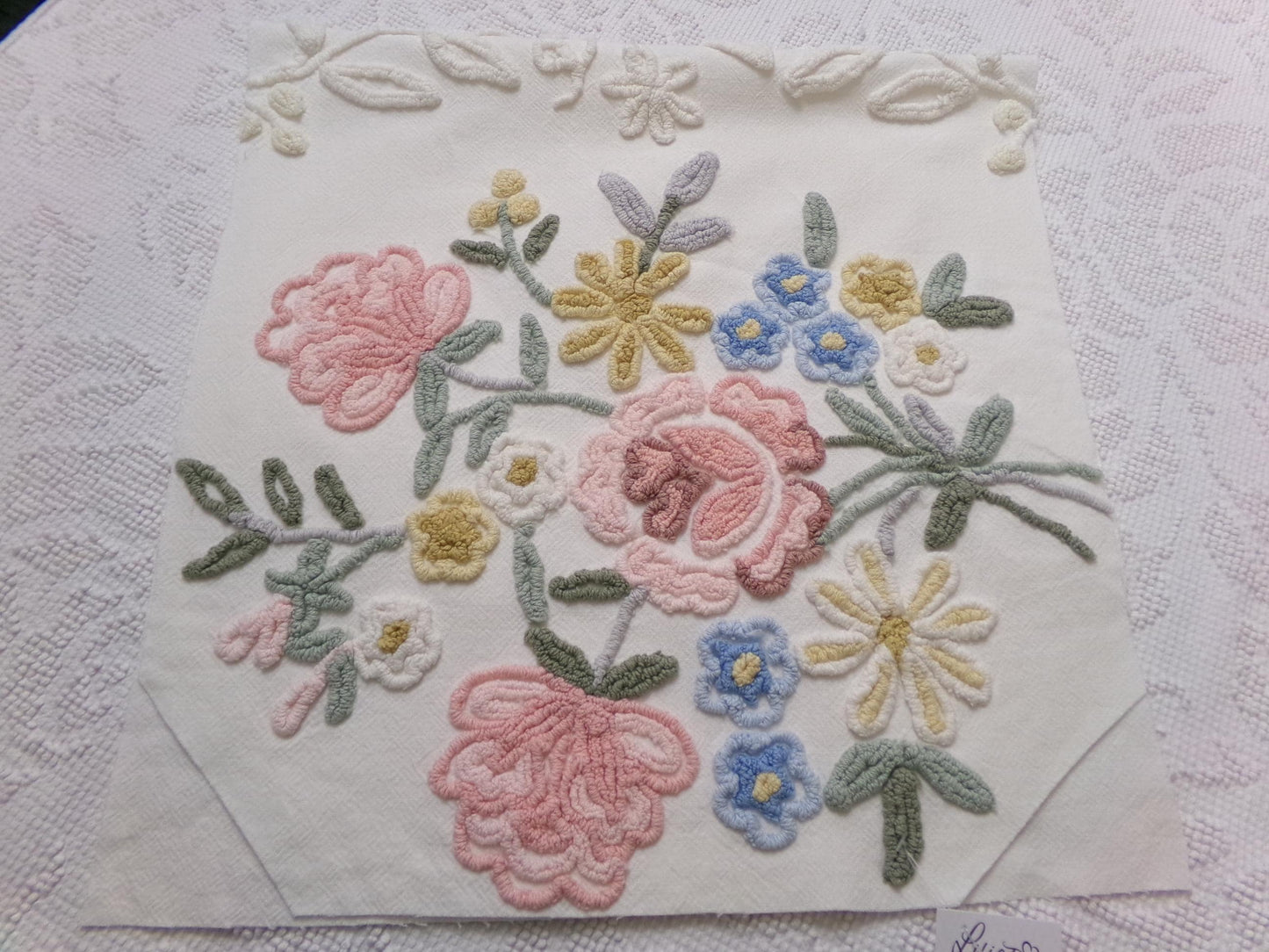 Rose Bouquet Vintage Chenille Bedspread Fabric, Cottage Style Sewing & Quilt Material, 15" x 28"