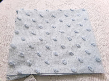 powder blue vintage chenille fabric, tufted dots on cotton seersucker, 22" x 23" piece