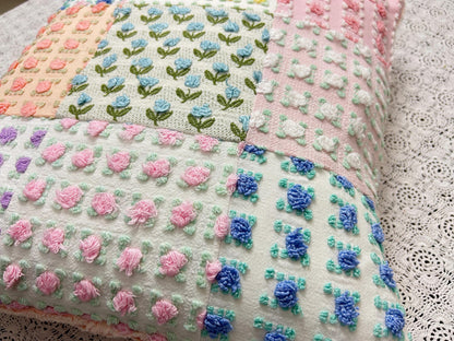 Vintage Rose Chenille Pillow Cover, 16" Square Reversible Patchwork Floral Design