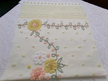 cottage floral vintage chenille fabric, buttercup yellow quilt sewing material, large 19" x 40" piece
