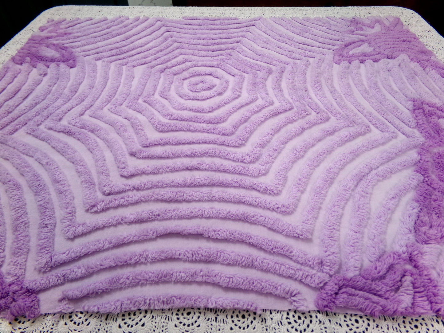 Hypnotic Spiderweb Vintage Chenille Fabric Piece Lavender 23x27" Mesmerizing Design