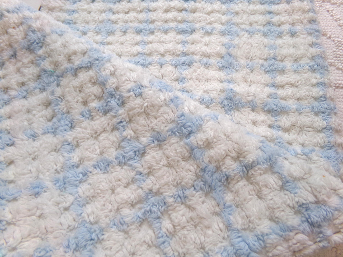 blue & white check vintage chenille fabric, cottage plaid 17x30" pc