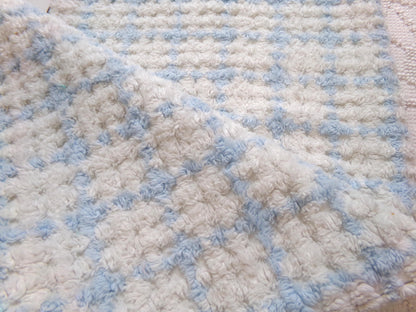 blue & white check vintage chenille fabric, cottage plaid 17x30" pc