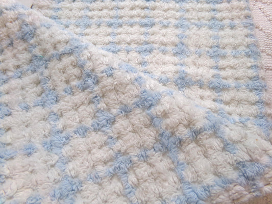 blue & white check vintage chenille fabric, cottage plaid 17x30" pc