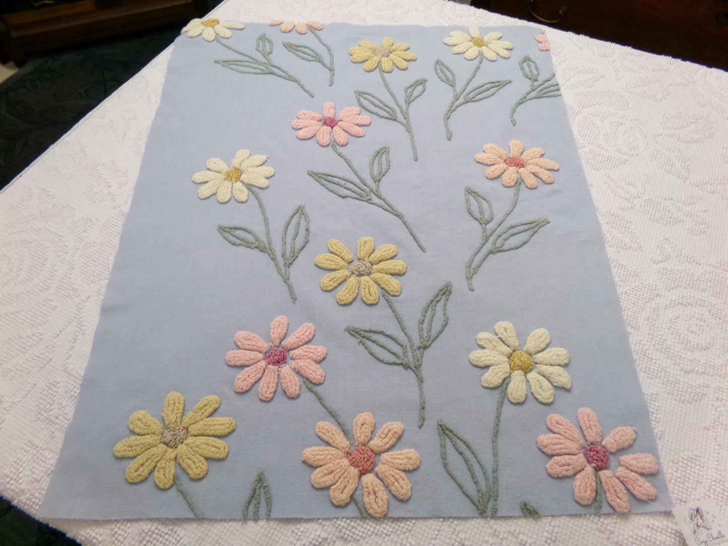 Scattered Daisies Vintage Chenille Bedspread Fabric, Shabby Blue Sewing Material, 19" x 25"