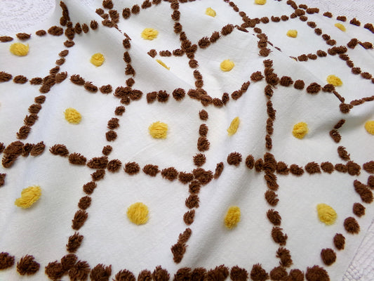 sunflower gold & brown vintage pops chenille fabric, diamond popcorn design, 16" x 22" antique piece of lightweight cotton material