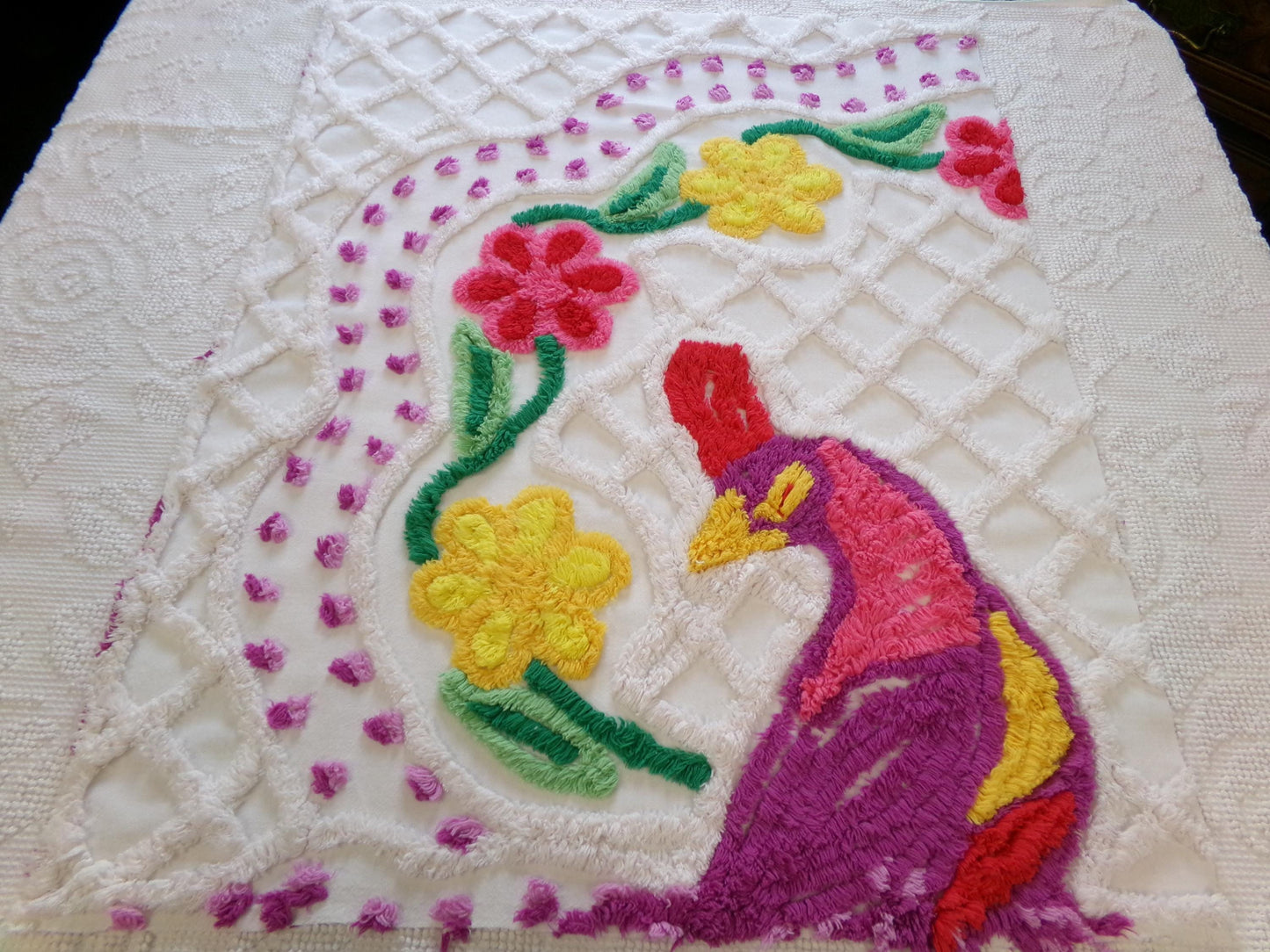 colorful peacock vintage chenille fabric piece, 19" x 25" panel, great for wallhanging or quilt inlay