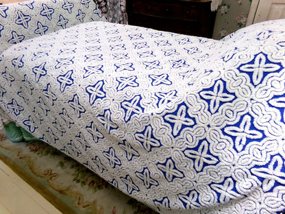 Mystic Gothic Cross Vintage Chenille Bedspread, Plush White Tufting on Cobalt Blue, 100% Cotton Luxury Full Size Bedding