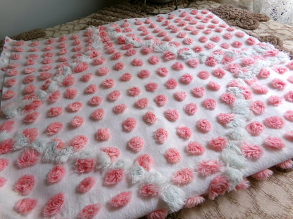 Pink Pops Vintage Chenille Fabric, Floral Antique 15x28" Craft Panel