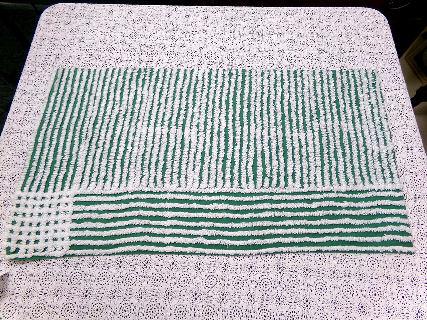 Evergreen & Snow White Vintage Chenille Bedspread Fabric, Geometric Stripes 15" x 27" piece