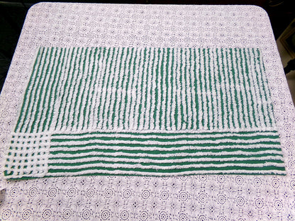 Evergreen & Snow White Vintage Chenille Bedspread Fabric, Geometric Stripes 15" x 27" piece