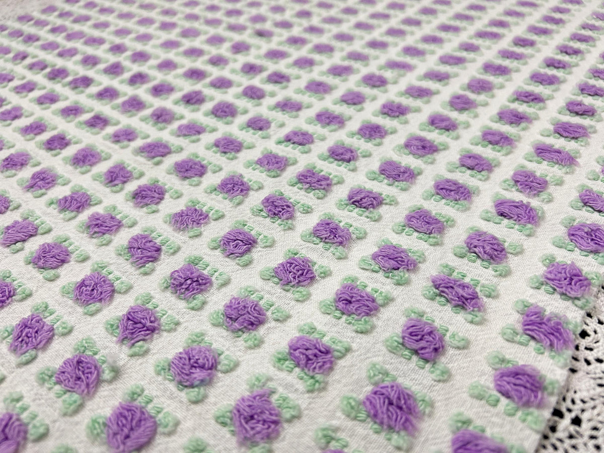 Rosebud Vintage Chenille Bedspread Fabric 18x22" Shabby Purple Roses