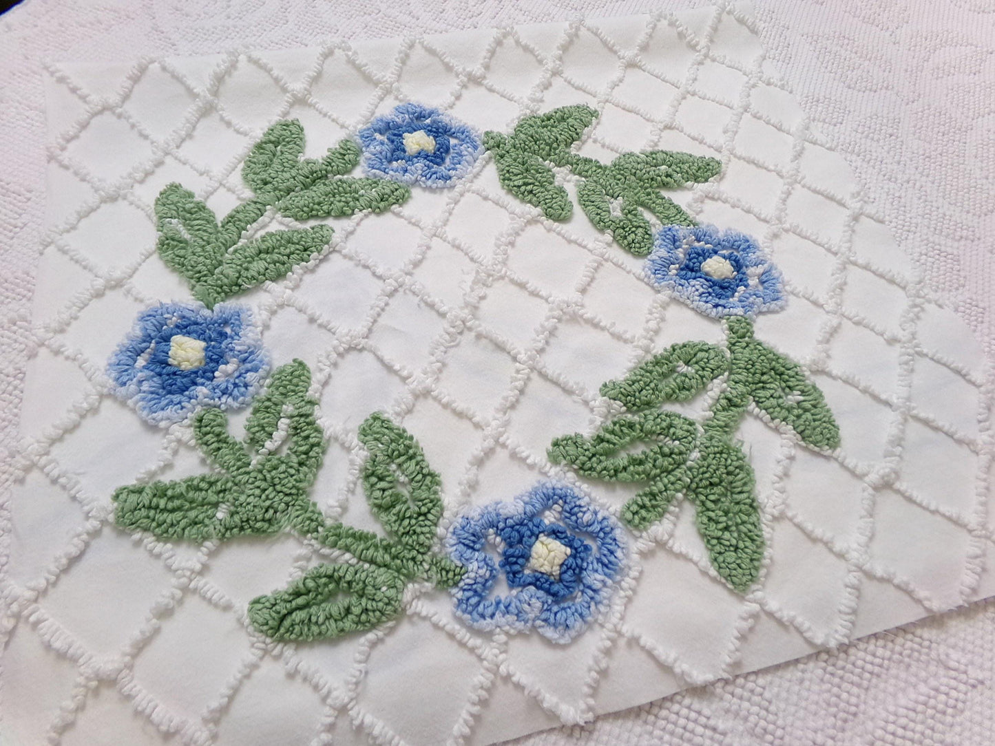 Floral Wreath Vintage Chenille Fabric, Blue & White Sewing Material 15" x 28" Piece