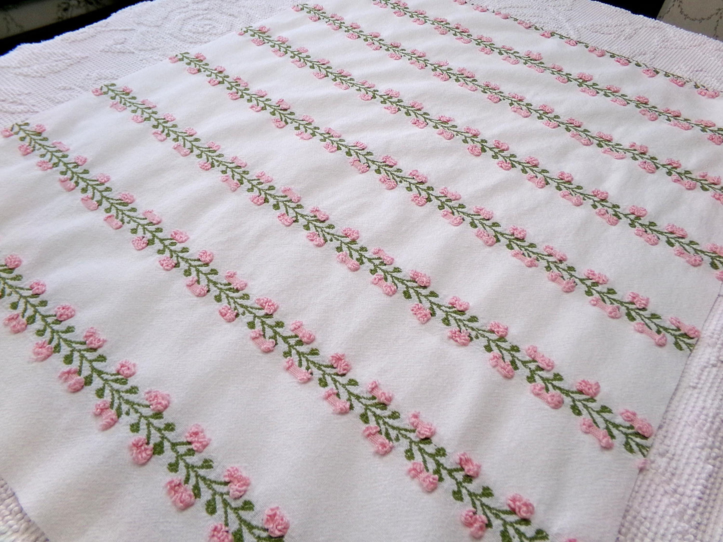 Vintage Rosebud Chenille Fabric, Pink Ivy Rose Design, 18" x 24" Piece of Lightweight Cotton Sewing & Quilting Material