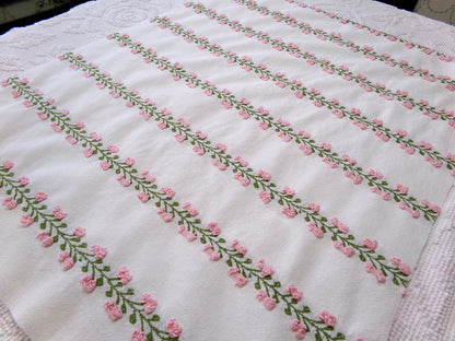 Vintage Rosebud Chenille Fabric, Pink Ivy Rose Design, 18" x 24" Piece of Lightweight Cotton Sewing & Quilting Material