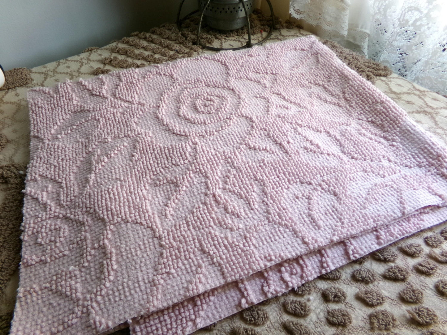 Rose Mist Vintage Woven Chenille Fabric, 24" x 20" Inch Reversible Piece, 100% Cotton, Hobnail Imperial Roses Pattern, Ideal in Quilts