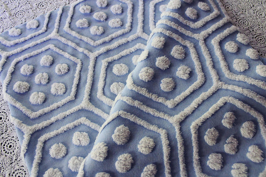 coastal cute vintage blue & white chenille fabric, reversible geometric hexagon dot design, 25" x 29" cut piece of sewing material