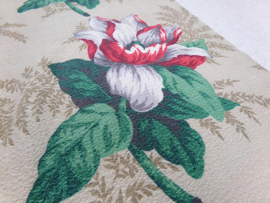 Vintage Barkcloth Fabric 16x27" Floral Magnolia Bloom Red White Green Tan