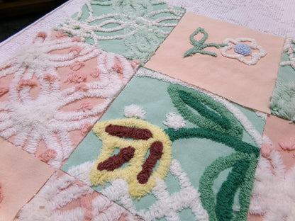 vintage chenille fabric squares, "garden lady" peach & green florals, set of 16 quilt blocks 6" each