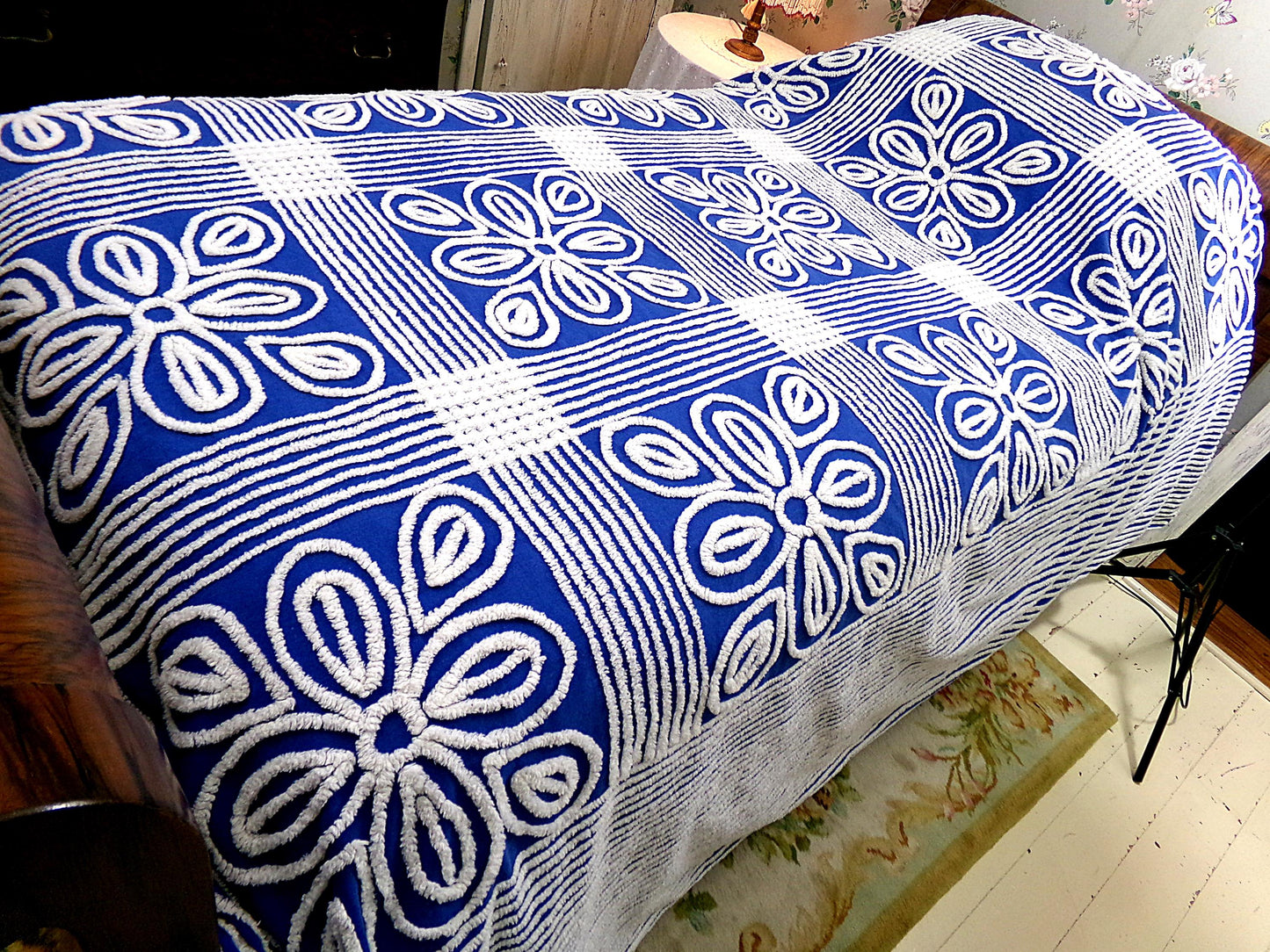 Vintage Mod Chenille Bedspread: Flower Power Bold Blue & White Shabby Cotton Full Size Bedding