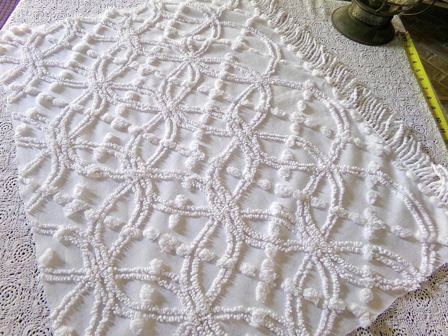 Classic White Vintage Chenille Fabric in Wedding Ring Pops Design, 20" x 25" Inch Piece, Versatile in Pillows, Quilts & Crafts